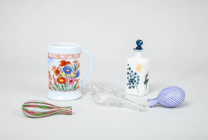 Appraisal: GROUP OF FIVE GLASS ARTICLES Comprising a German enameled milk