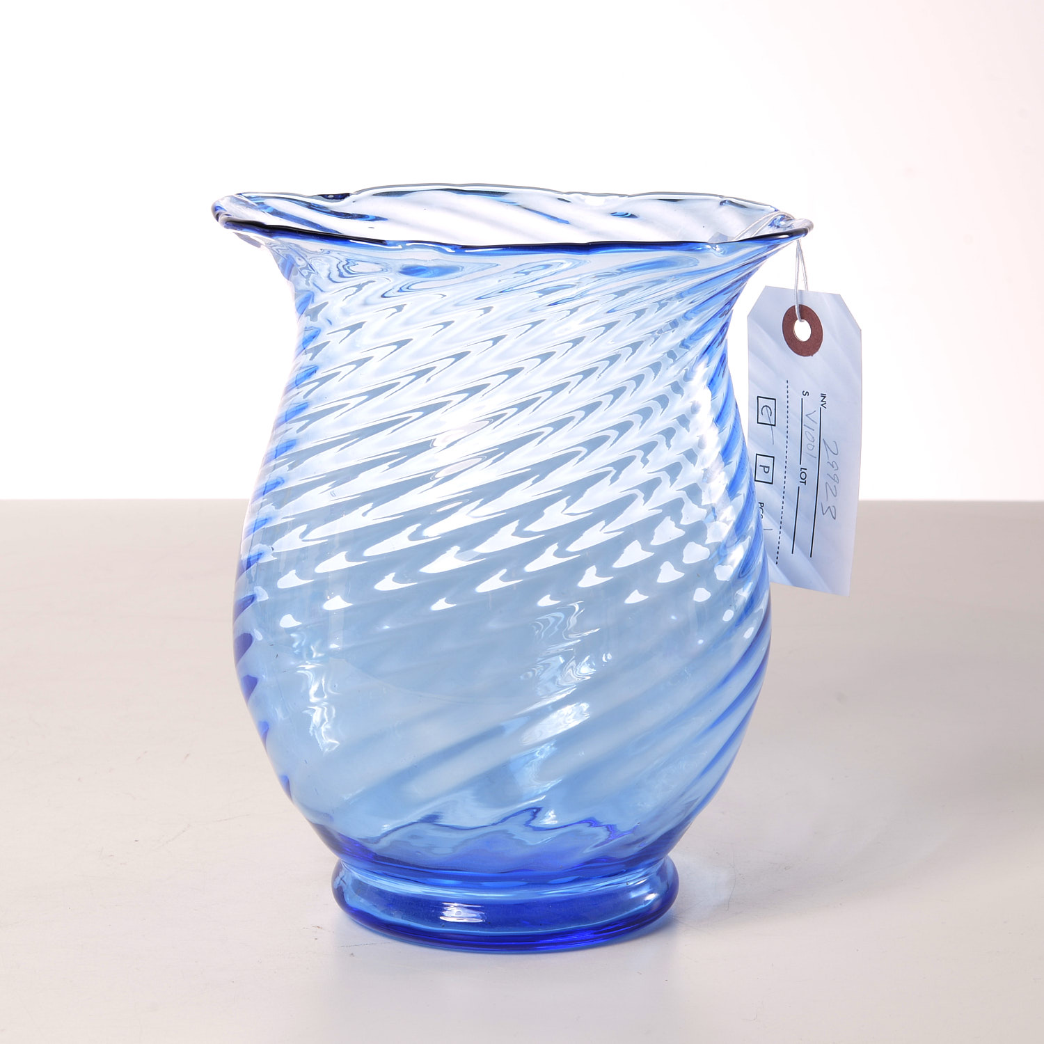 Appraisal: STEUBEN BLUE SWIRL ART GLASS VASE th c ruffled edge