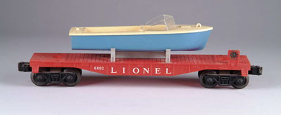 Appraisal: LIONEL FLAT CAR With blue and white motorboat CONDITION Very