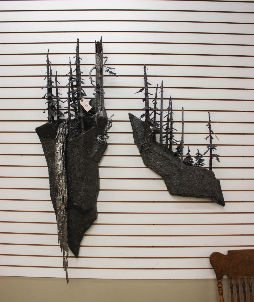 Appraisal: TWO METAL WALL SCULPTURES anonymous American artist evergreen trees and