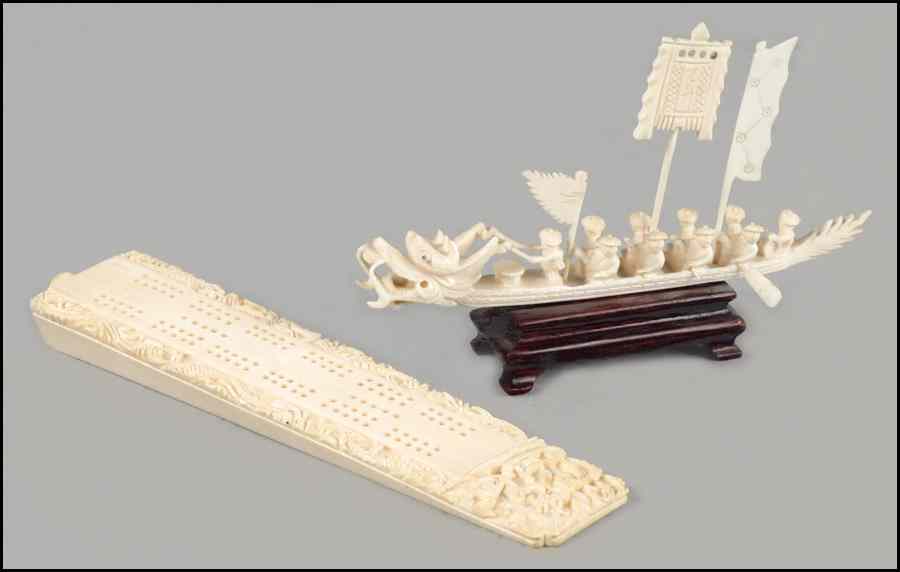 Appraisal: CHINESE CARVED IVORY CRIBBAGE BOARD Together with a carved ivory