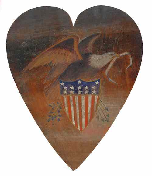 Appraisal: American carved laminated oak heart shaped panel ca with patriotic