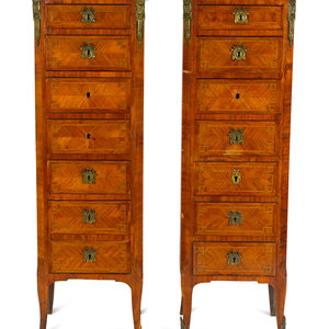 Appraisal: A Pair of Louis XVI Style Parquetry Marble Top Semaniers