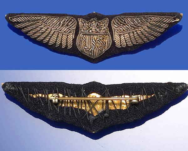 Appraisal: A World War era embroidered Pilot's wing belonging to Lt