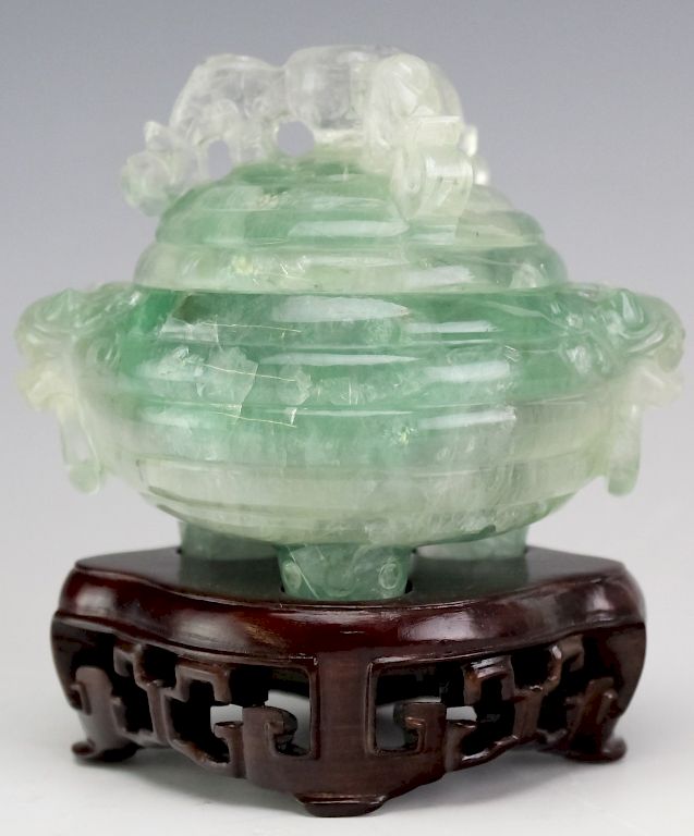 Appraisal: Chinese Carved Green Fluorite Hardstone Censer Urn Hand carved from