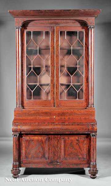 Appraisal: An American Classical Carved Mahogany Secretary Bookcase c attributed to