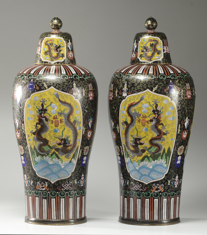 Appraisal: PAIR OF CHINESE CLOISONNE ENAMEL COVERED JARS Four ovoid panels