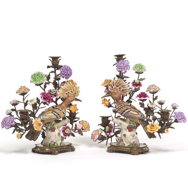 Appraisal: CASTILIAN PAIR OF PORCELAIN AND BRONZE BIRD AND FLOWER THREE-LIGHT