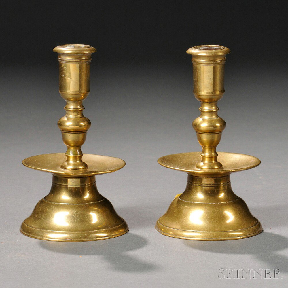 Appraisal: Pair of Early Brass Capstan Candlesticks probably the Netherlands c