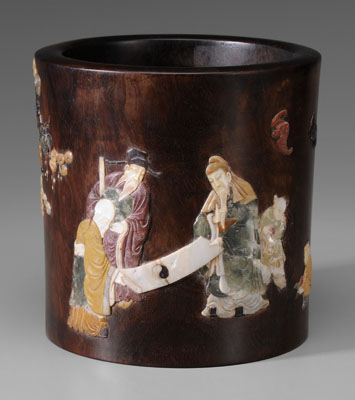 Appraisal: Inlaid Brushpot China possibly th century exotic hardwood softstone and