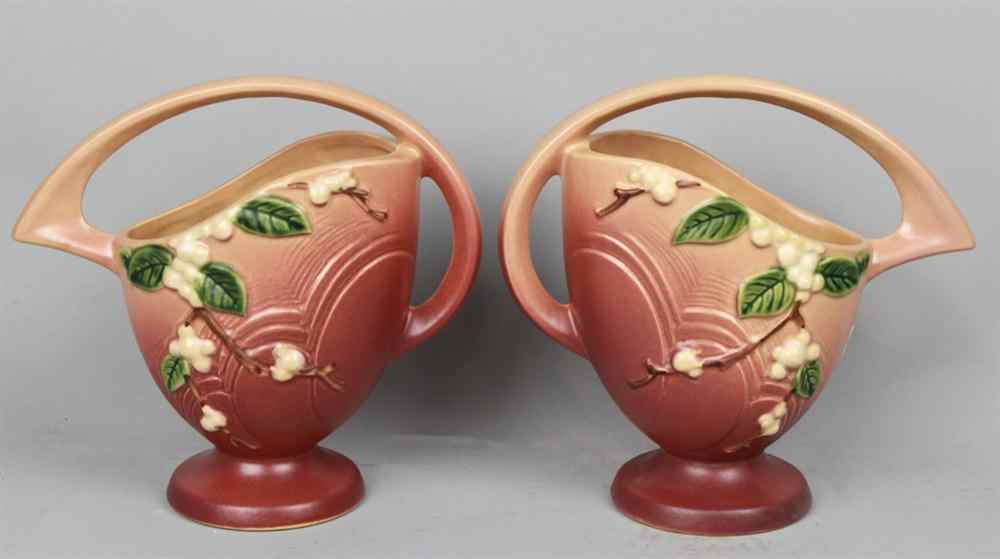 Appraisal: PAIR ROSEVILLE PINK SNOWBERRY PATTERN VASES WITH HANDLES pitcher form