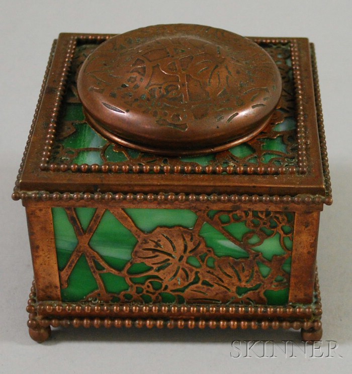 Appraisal: Tiffany Studios Bronze Grapevine Pattern and Green Slag Glass Inkwell