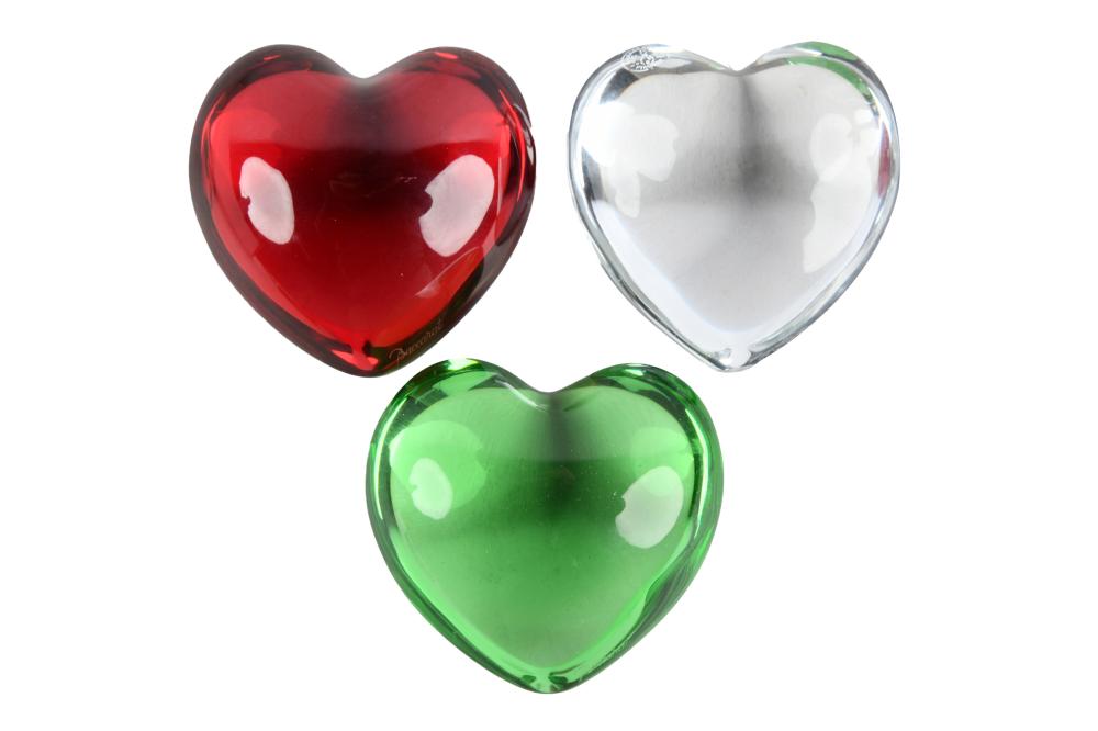 Appraisal: THREE BACCARAT HEART PAPERWEIGHTSeach with insignia and etched signature each