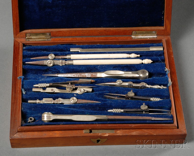 Appraisal: Student Cased Set of Bone and Steel Drafting Instruments including