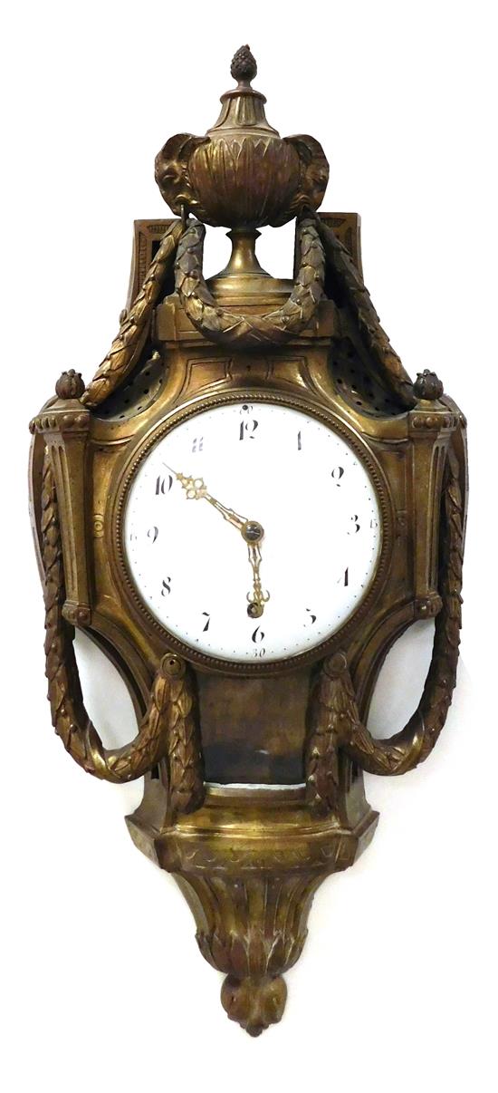 Appraisal: Rococo style bronze cartel clock c urn form case draped