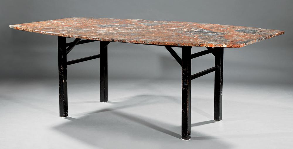 Appraisal: Contemporary Variegated Marble Dining Table shaped top ebonized straight legs