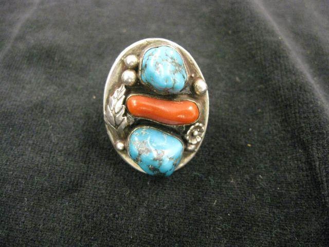 Appraisal: Man's Turquoise Coral Indian Silver Ring