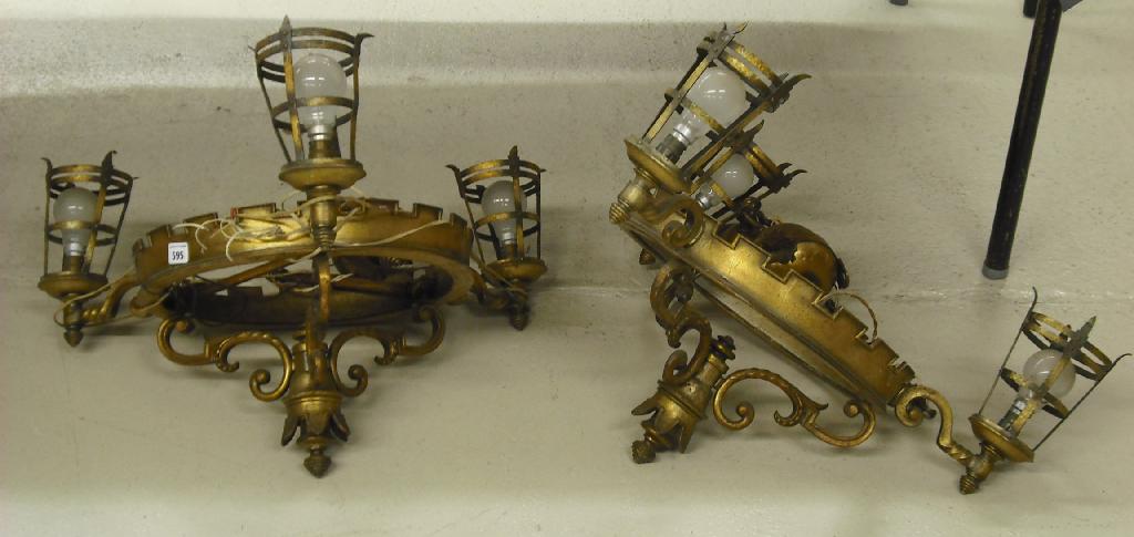 Appraisal: Pair of Gothic brass electrified three light chandelier style ceiling