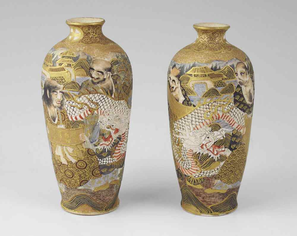 Appraisal: PAIR SIGNED MINIATURE JAPANESE SATSUMA VASES Figures with scroll a