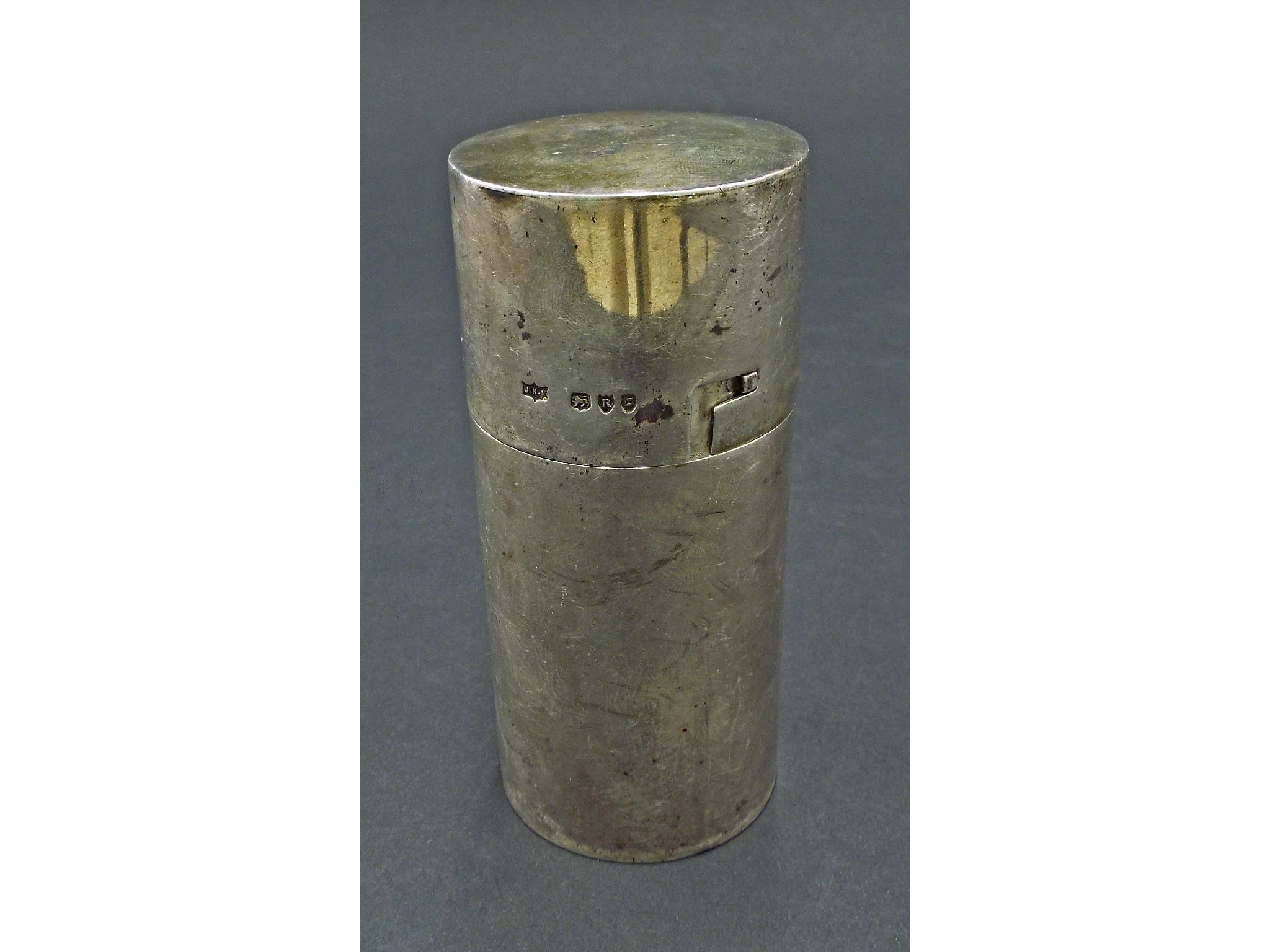 Appraisal: Mappin Webb cylindrical silver flask case the lid with locking