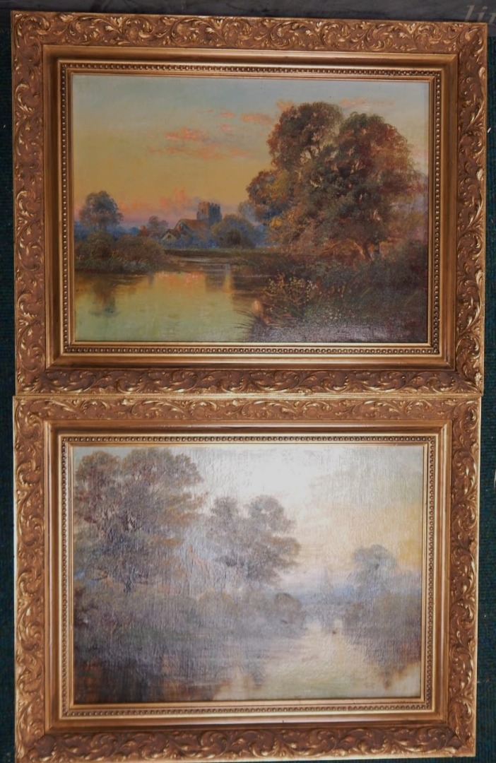 Appraisal: E T Ricketts Rural scenes with cottage church etc oil