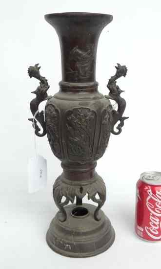 Appraisal: Asian bronze vase with stylized chicken head handles '' Ht