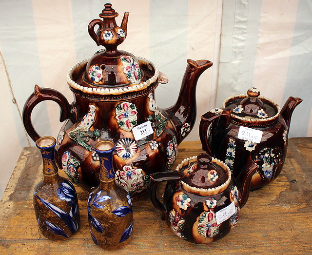 Appraisal: A LARGE VICTORIAN BARGEWARE TEAPOT cm high together with two