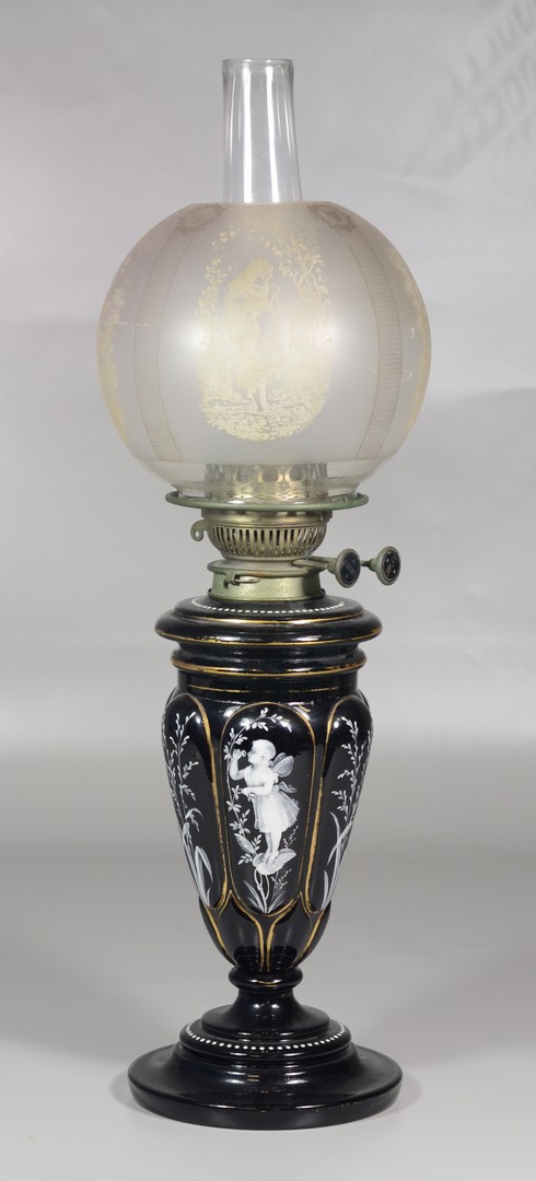 Appraisal: Mary Gregory style enameled glass oil lamp original font decorated