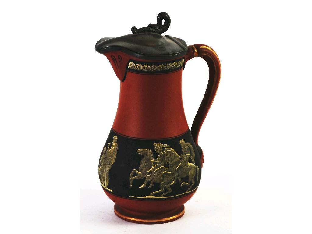 Appraisal: NINETEENTH CENTURY ENGLISH ETRUSIAN STYLE TERRACOTTA JUG with hinged pewter