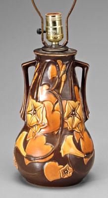 Appraisal: Roseville Morning Glory lamp yellow and orange flowers on brown