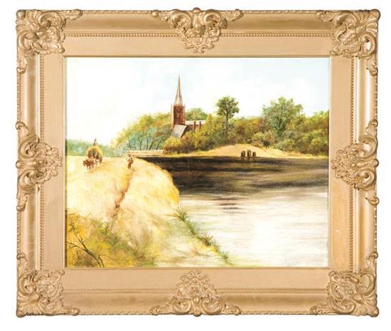 Appraisal: PASTORAL LANDSCAPE WITH CHURCH EUROPE TH CENTURY Oil on canvas