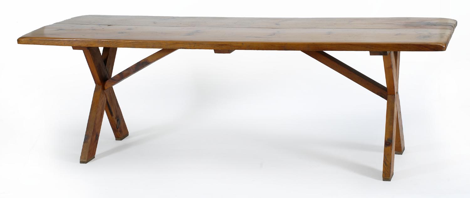 Appraisal: TH CENTURY SAWBUCK TABLE in pine with two-board top Height