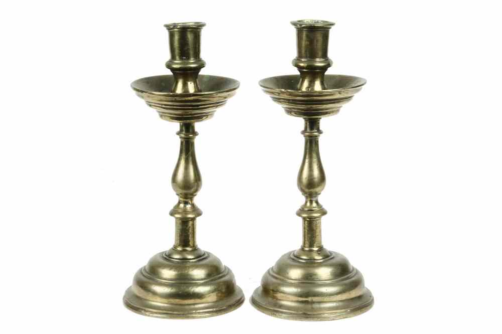 Appraisal: EARLY DUTCH BRONZE CANDLESTICKS - Turned Bell Metal Dutch Candlesticks