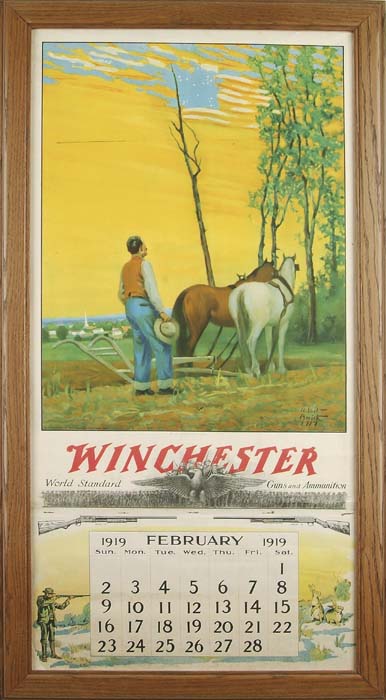 Appraisal: FRAMED SCARCE WINCHESTER CALENDAR Unusual Winchester calendar - x -