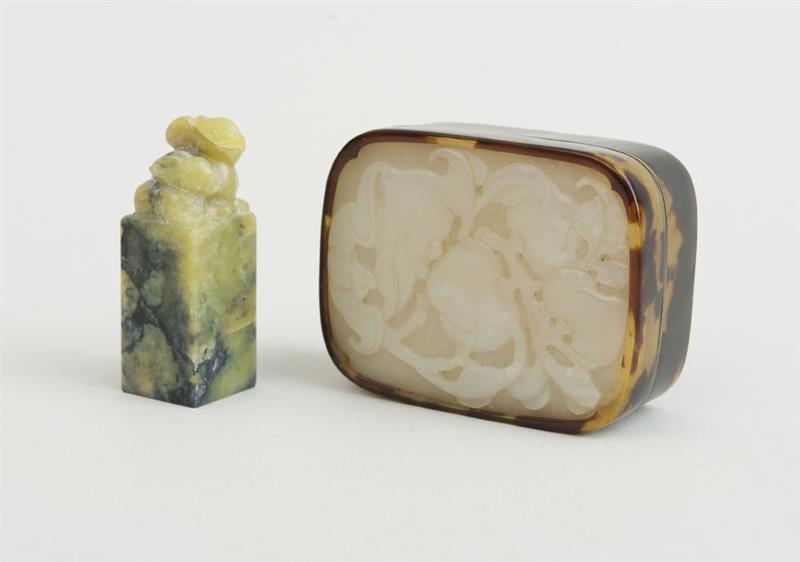 Appraisal: CHINESE RELIEF-CARVED JADE-MOUNTED BOX Together with a jade seal and