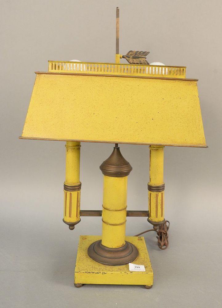 Appraisal: Vintage yellow painted tole double student lamp with adjustable shade