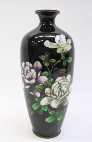 Appraisal: JAPANESE CLOISONNE VASE white and violet rose branches on black