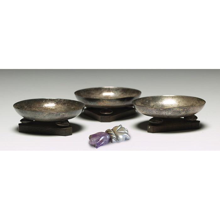 Appraisal: Spratling salts three sterling silver bowls mounted on wooden bases