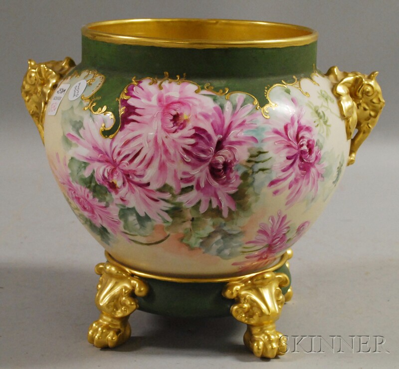 Appraisal: Limoges Porcelain Gilt and Hand-painted Chrysanthemum-decorated Jardinere on Stand green