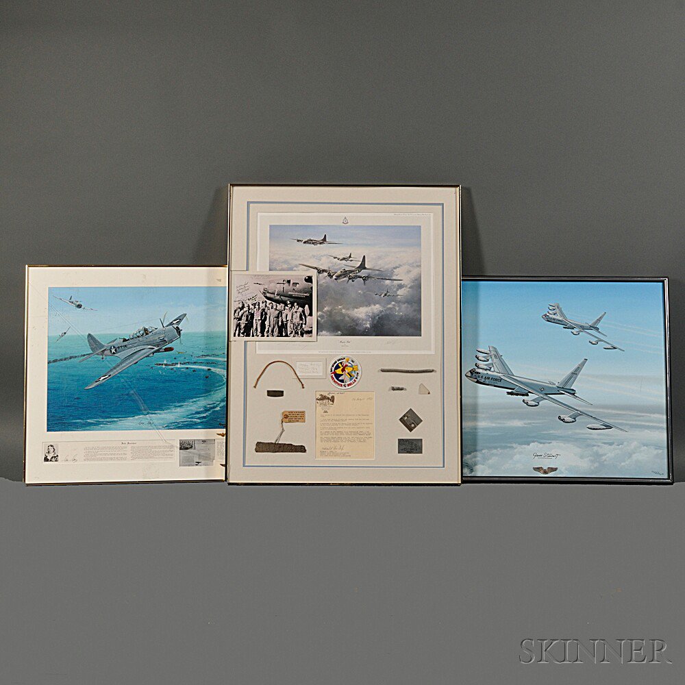 Appraisal: Three Framed Aircraft Related Artwork and Memorabilia Items c th