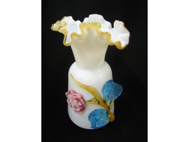 Appraisal: Art Glass Vase applied floral on opalescent with amber trim