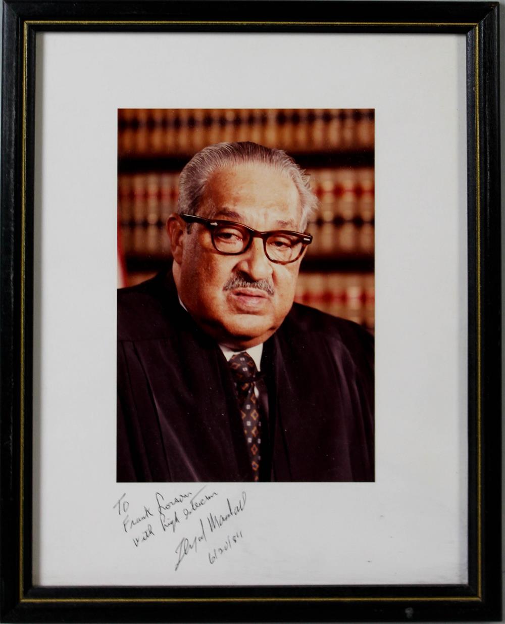 Appraisal: SUPREME COURT JUSTICE THURGOOD MARSHALL PHOTOGRAPH WITH INSCRIPTION Photograph x