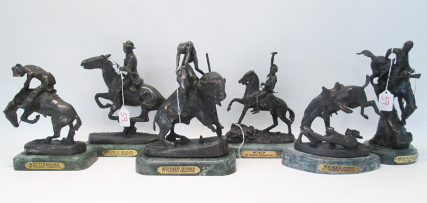 Appraisal: SIX CAST BRONZE SCULPTURES AFTER FREDERIC REMINGTON Rattlesnake Wicked Pony