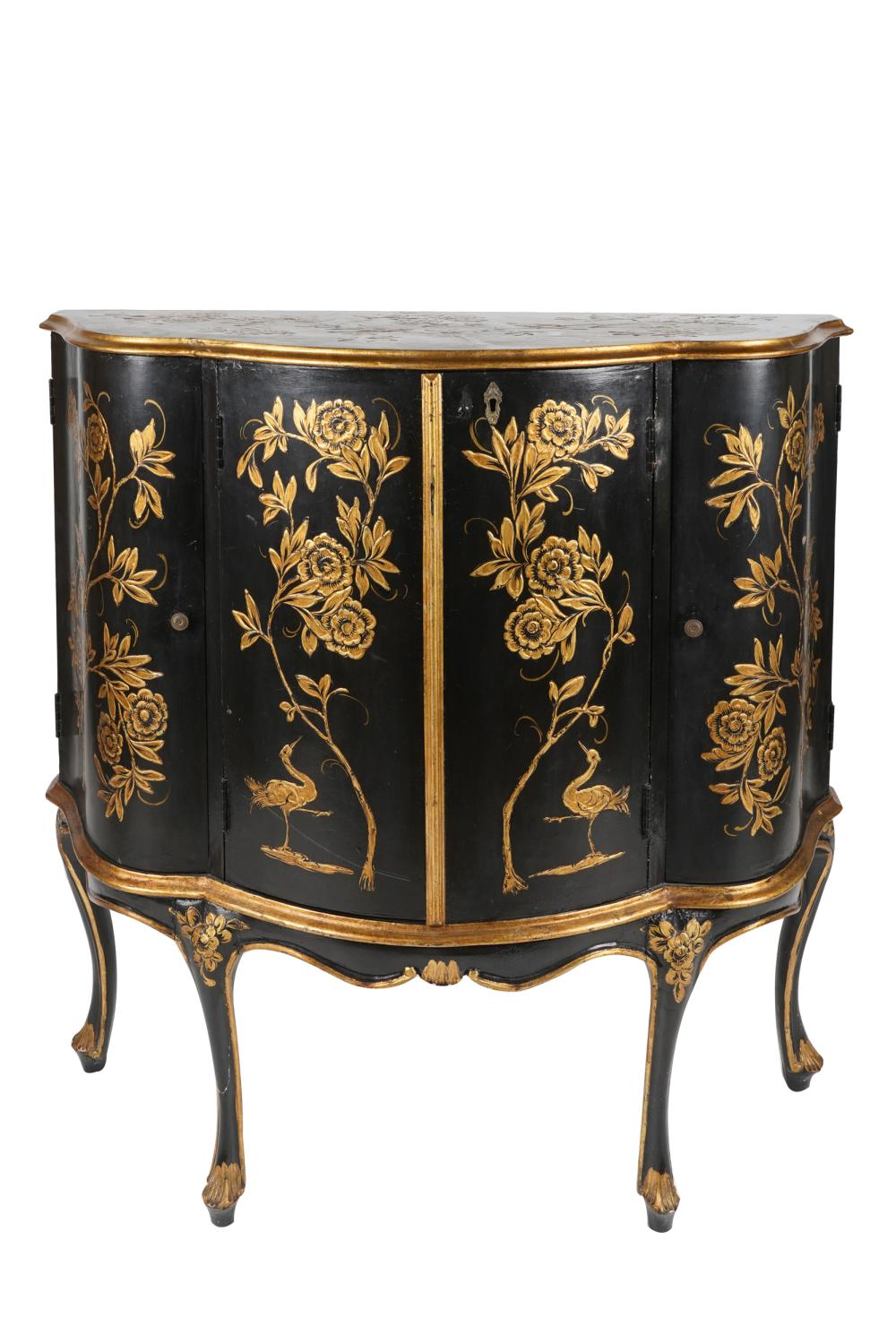 Appraisal: CHINOISERIE LACQUERED CABINET th century the serpentine demilune case fitted