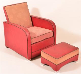 Appraisal: Art Deco Armchair and Matching Ottoman Art Deco Upholstered Spring