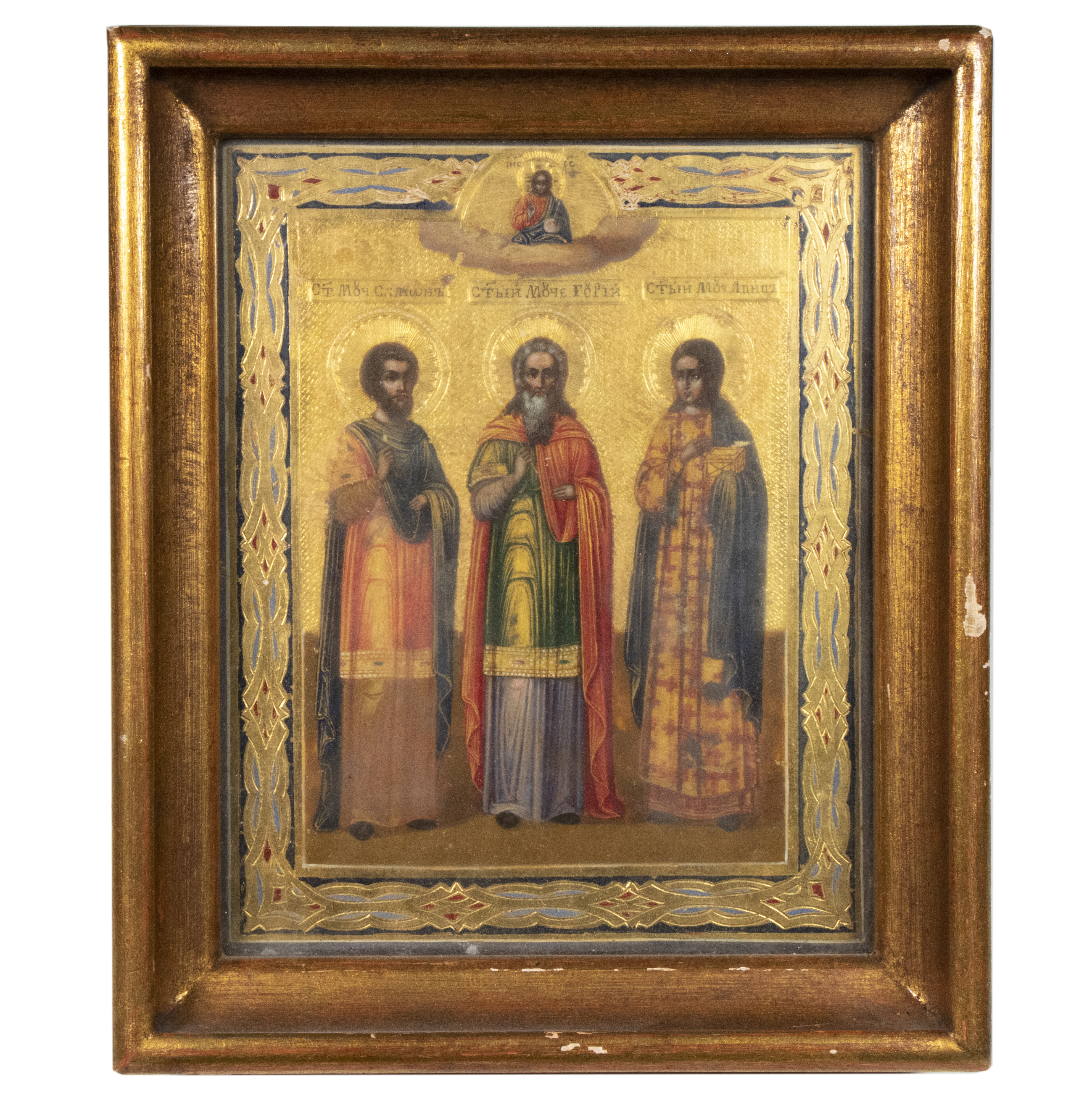 Appraisal: MINIATURE RUSSIAN ICON Triumvirate of Saints identified in Cyrillic above