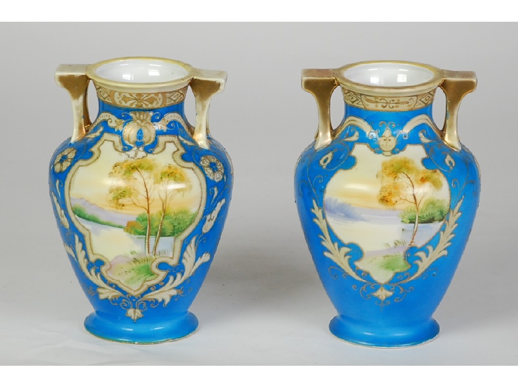 Appraisal: PAIR OF PRE-WAR JAPANESE NORITAKE PORCELAIN TWO HANDLED SHOULDER VASES