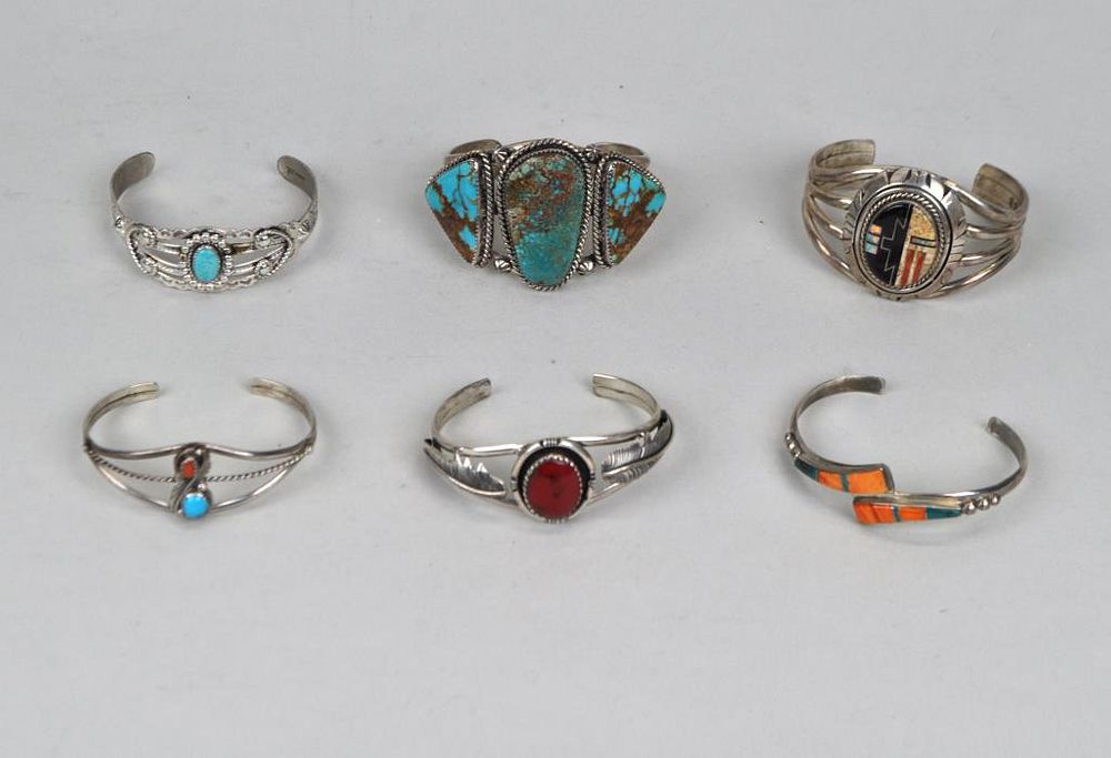 Appraisal: Group Native American Sterling Multistone Cuffs including a large turquoise