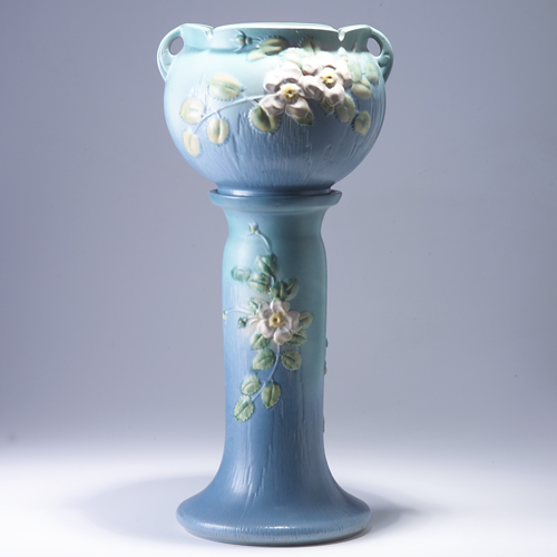 Appraisal: ROSEVILLE Blue White Rose jardiniere and pedestal set - As-is