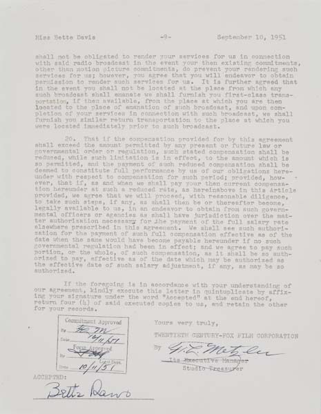 Appraisal: BETTE DAVIS Contract signed by Davis to play Marie Hoke